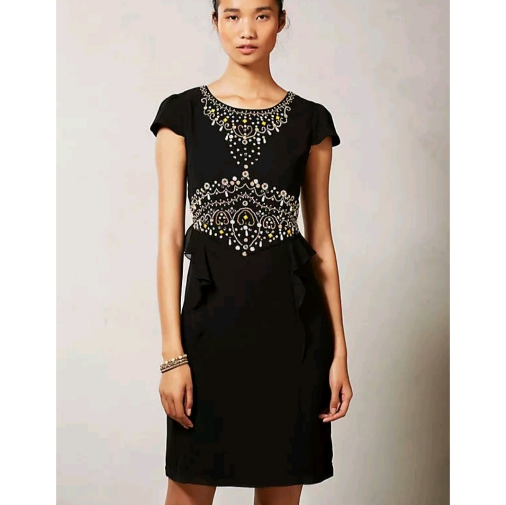 Anthropologie Vineet Bahl Cameo Beaded Peplum Dress Black Embellished Cocktail